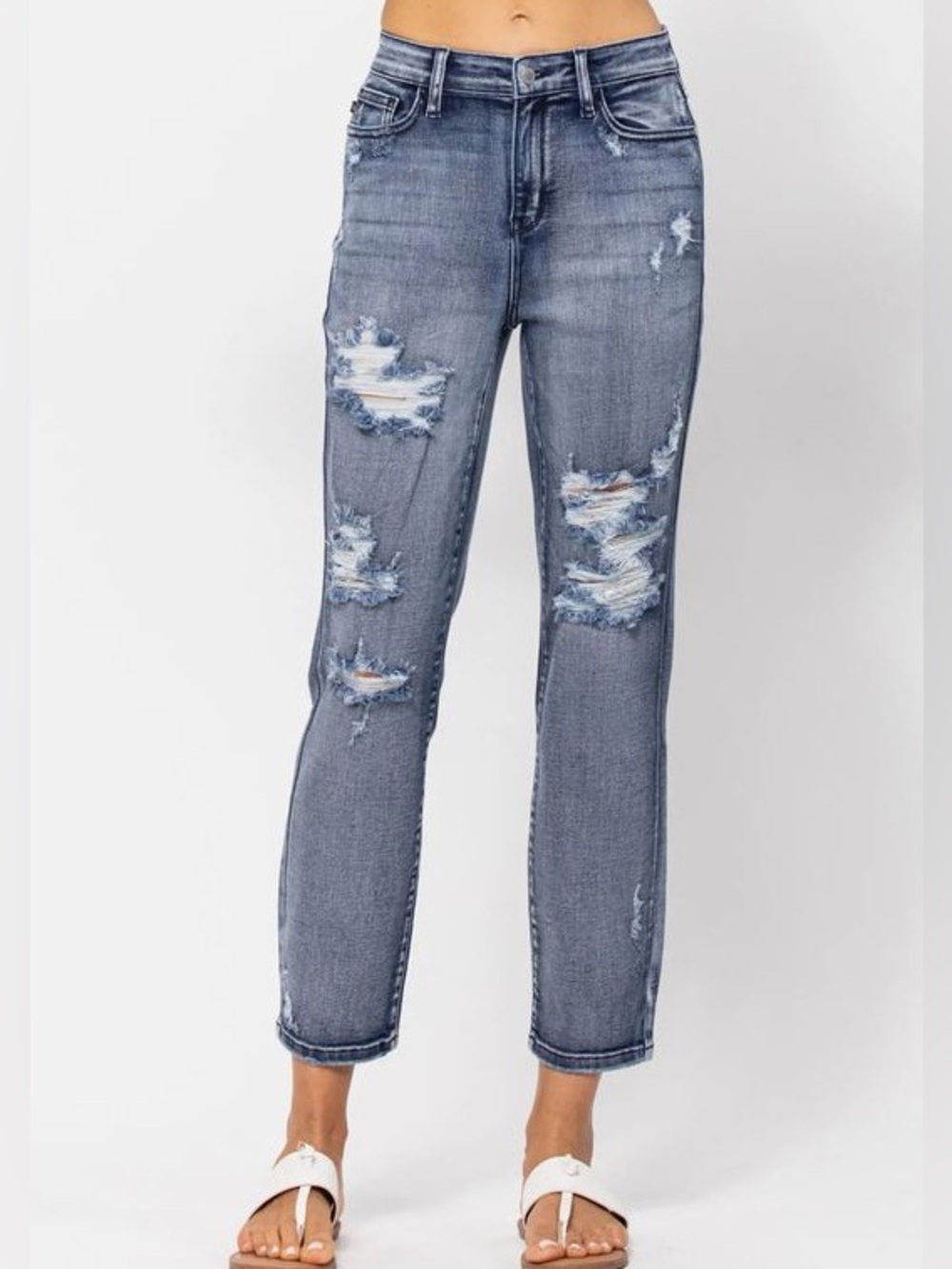 Judy Blue Distressed Cropped Straight-Leg Jeans - Medium Blue